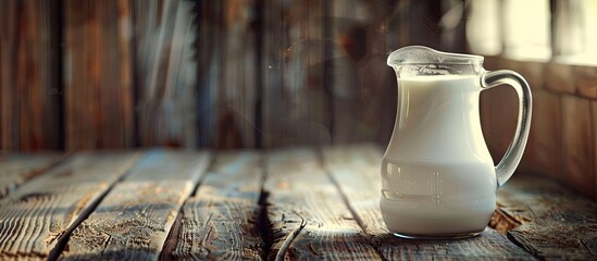 Poster - A jug of fresh milk displayed on a rustic wooden table with ample copy space for text
