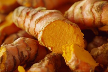 Detailed close-up shot of fresh turmeric roots, showcasing their vibrant orange interiors and textured exteriors, highlighting their natural color and organic patterns.