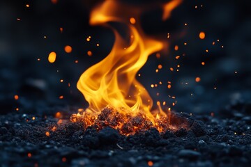 Aufkleber - Brightly burning orange flames with floating embers radiating off them, set against a dark black background, capturing the raw intensity and beauty of fire in motion.