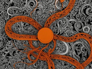 Poster - Abstract orange and black floral pattern with intricate swirling designs and shapes