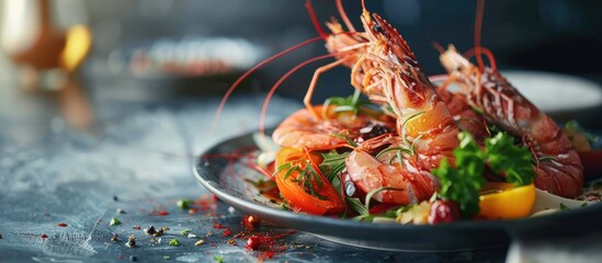 Aufkleber - Shrimp and vegetables on a plate in a restaurant setting with copy space image