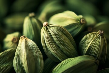 Poster - A detailed close-up image of several green cardamom pods, highlighting their intricate textures and natural green hue. The photo emphasizes freshness and organic quality.