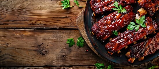 Aufkleber - A deliciously prepared barbecue of fresh pork ribs on a rustic table with a scenic copy space image from a top down perspective
