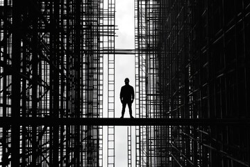 Wall Mural - Silhouetted Construction Worker Standing on a Scaffolding Platform