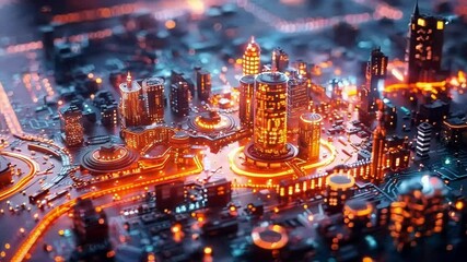 Poster - Glowing cityscape on an electronic circuit board, blending tech and urban life, symbolizing innovation and interconnectedness