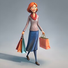 Poster - A cheerful cartoon woman with red hair happily carries shopping bags. showcasing a joyful shopping experience.