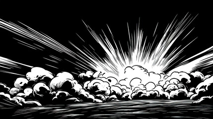 Wall Mural - vector illustration in black and white, showcasing a comic book-style sky with thick clouds and a st
