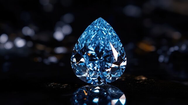 A dazzling image of the Hope Diamond, suspended in darkness, its stunning blue reflection contrasting against the shadows for maximum elegance