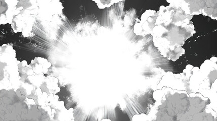 Wall Mural - black and white vector comic book-style illustration depicting a dramatic sky with thick clouds and 