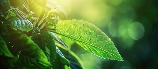 Fototapete - Green leaf in a garden with space for text ideal for nature wallpaper backgrounds. Creative banner. Copyspace image