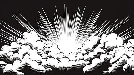 Wall Mural - black and white vector comic book-style illustration depicting a dramatic sky with thick clouds and 