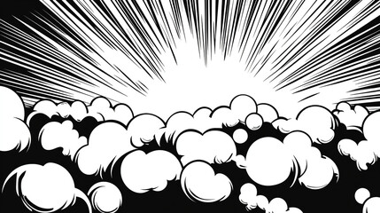 Wall Mural - black and white vector comic book-style illustration depicting a dramatic sky with thick clouds and 
