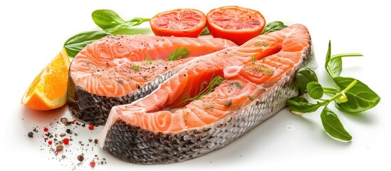 Poster - Salmon steaks baked and healthy displayed on a white background with room for text or images can be paired with various veggies and citrus wedges for a nutritious meal option. Creative banner