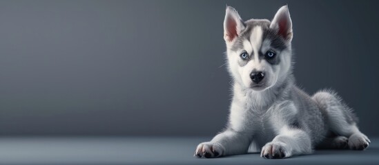 Poster - A stunning husky puppy with mesmerizing blue eyes is seated gazing in a direction opposite to the copy space image