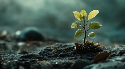 Wall Mural - A Single Sprout Emerging from Dark Soil