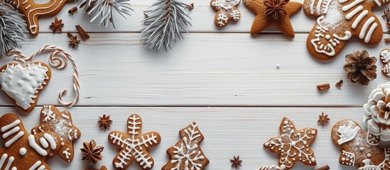 Fototapete - Christmas gingerbread cookies frame with decorative elements on a white wooden backdrop provides a festive setting for a copy space image