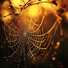 Canvas Print - A spider web covered in morning dew, illuminated by the rising sun, creating a beautiful and intricate pattern.