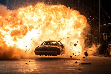 Aufkleber - A dramatic scene of a car exploding in a massive fireball, with flames and debris flying in all directions, capturing the sheer force and danger of the incident.