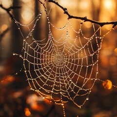 Canvas Print - A spider web with dew drops hanging from it in the morning sun.