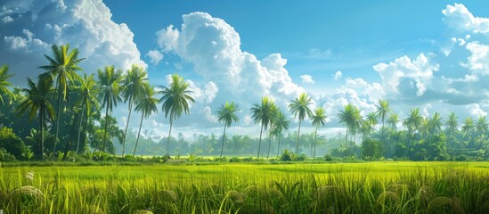 Poster - Scenic view of a lush paddy field with coconut trees in the background set against a vibrant sky with white clouds ideal for a copy space image
