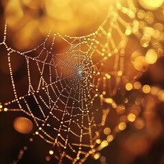 Canvas Print - A spider web with water droplets in the morning light, with a blurred background of golden bokeh.