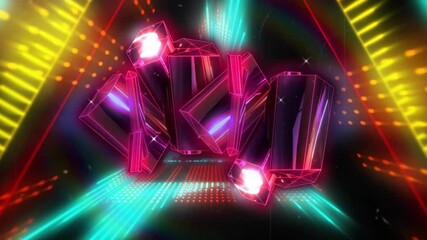 Canvas Print - Animation of glowing pink blocks spinning over neon shapes moving on black background