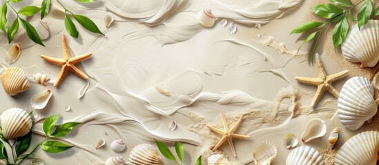 Poster - Seashells starfish and green branches create an abstract nature scene symbolizing the sea summer and ecology on a beige background with copy space image