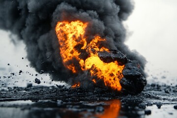 Poster - A powerful explosion at ground level causing fiery debris and thick smoke to rise high into the air, signifying a significant and destructive event.