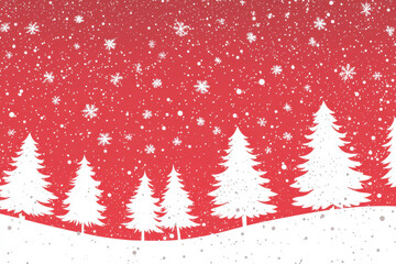 Red Winter Landscape with Snowy Christmas Trees. An illustration depicting a serene snowy landscape with multiple Christmas trees under a starry sky, all in shades of red.
