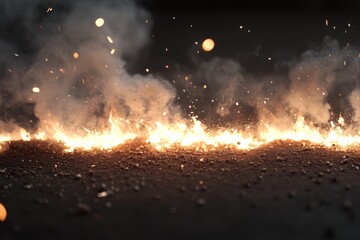 Poster - A fiery explosion fills the sky with bright sparks and thick smoke, creating a dramatic and chaotic scene of intense light and dark contrasts that evoke a sense of urgency.