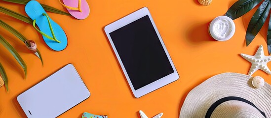 Poster - Top down view of a tablet flip flops sunscreen and beach items on an orange background ideal for a copy space image