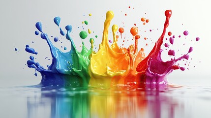 Poster - Vibrant splash of rainbow colors creating dynamic patterns on a reflective surface, perfect for artistic and creative projects.
