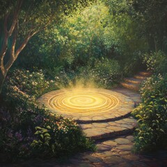 Sticker - A stone path leads to a circular stone platform with a glowing circle in the center surrounded by lush green foliage and trees.