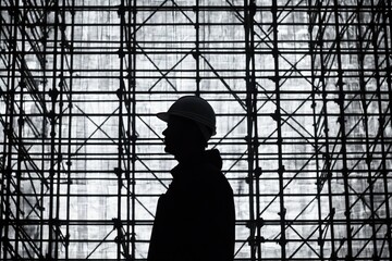 Poster - Silhouette of a Construction Worker Against a Scaffolding Net