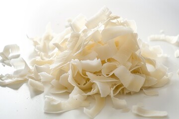 Wall Mural - A pile of shredded cheese sits on a white table, perfect for snacking or decorating