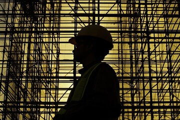 Sticker - Silhouetted Construction Worker Against Scaffolding and Mesh