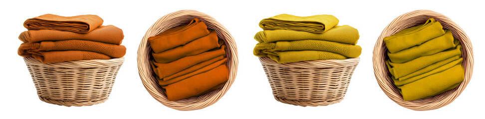 2 set of yellow orange neatly folded clean laundry clothes in round circle wicker basket, front top 