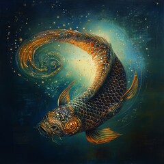 Poster - A swirling, iridescent koi fish with gold accents swims through glowing water, its tail forming a spiral pattern.