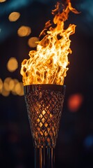 Poster - A tall metal torch with a burning flame on top, with blurred lights in the background.