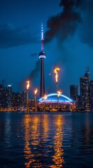 Poster - A tall skyscraper with lights on it stands tall on the waterfront of a city with a blue night sky and smoke.