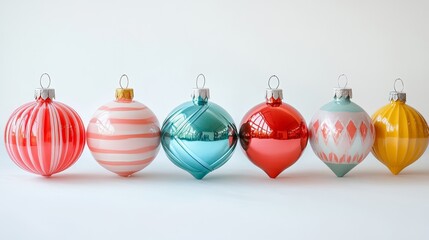 Retro Christmas ornaments with bold geometric designs, hanging against a clean white background, vibrant pastel colors, 1960s pop art style, soft lighting, high detail