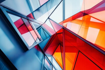 Leinwandbilder - This image features an abstract arrangement of vibrant glass panels intersecting and creating a dynamic play of colors and light, evoking creativity and energy.