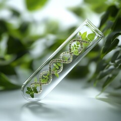 Sticker - A test tube with a DNA helix made of green plants, symbolizing genetic research and biotechnology.