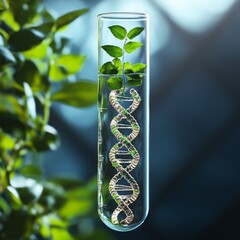 Wall Mural - A test tube with a plant growing in it and a DNA strand inside.