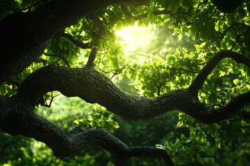 Poster - Sunlight pierces through the twisted branches of a tree, illuminating the vibrant green leaves and creating a serene and picturesque ensemble in a natural woodland scenery.