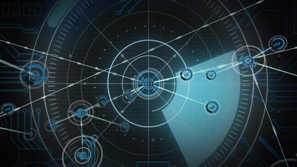 Poster - Animation of network of connections with globe icons over scope scanning