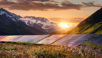 Wall Mural - Solar Panels in a Mountain Valley at Sunset