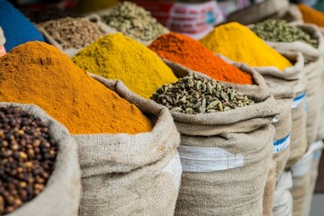 Poster - An image capturing a vibrant display of various spices in burlap bags at a bustling market. The lively and colorful arrangement reflects the diversity of flavors and cultural heritage.