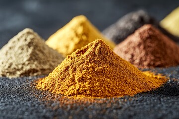 Aufkleber - A variety of colorful spices are arranged in neat piles on a dark background, showcasing the vibrant hues and textures of these aromatic culinary ingredients.