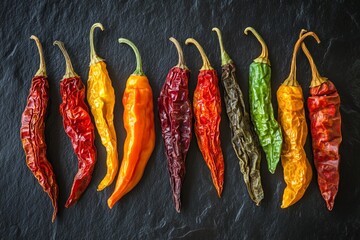 Poster - A row of assorted colorful hot peppers ranging from red to green, perfectly arranged on a dark surface, showcasing the diversity and vibrancy of spices.